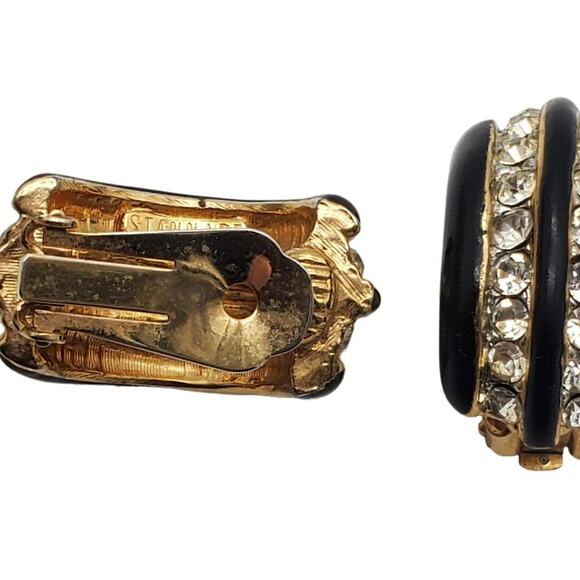 Black Gold Half Hoop Earrings Clip On Enamel Rhinestone Donald Stannard Vintage - Picture 4 of 5